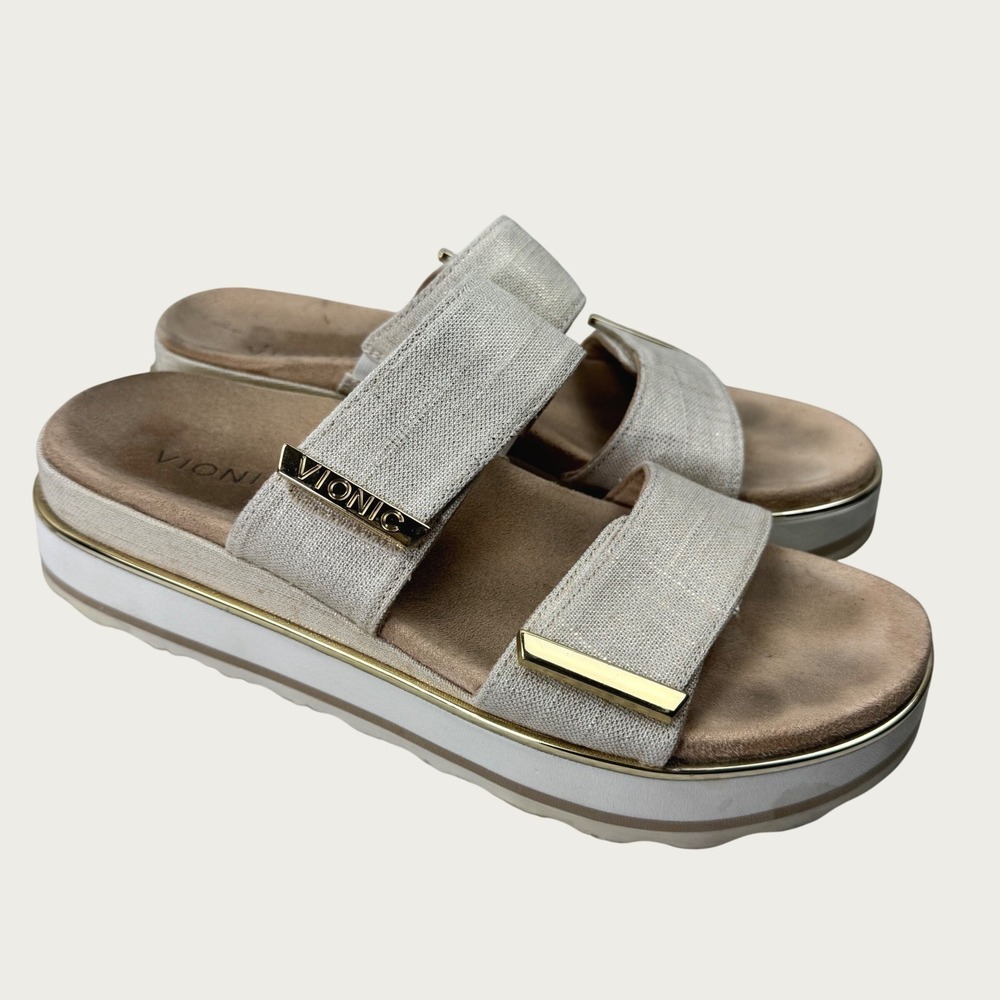 Vionic Brandie Sandals Women 9 Cream Gold Platform Slide Orthotic Comfort Casual